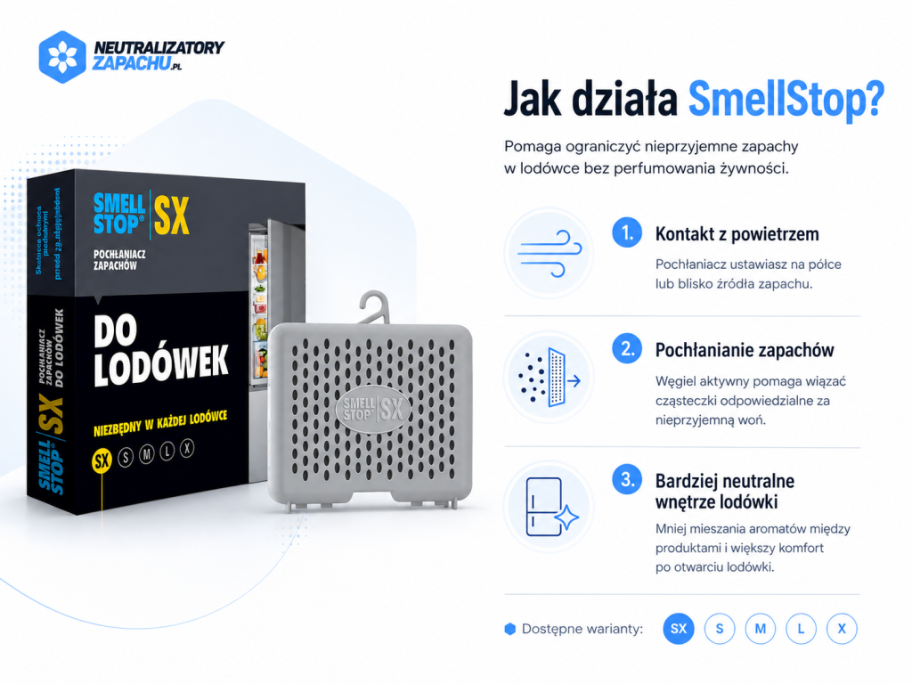 Infografika SmellStop pokazująca, jak działa pochłaniacz zapachów do lodówki z węglem aktywnym, dostępny w wariantach SX, S, M, L i X.