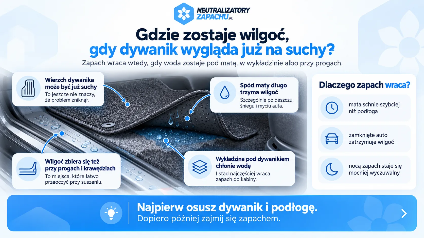 Wilgotne dywaniki samochodowe – infografika pokazująca wilgoć pod matą, w wykładzinie i przy progach oraz przyczyny powracającego zapachu